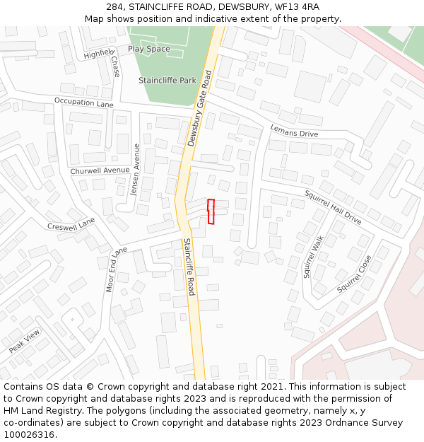 284, STAINCLIFFE ROAD, DEWSBURY, WF13 4RA: Location map and indicative extent of plot