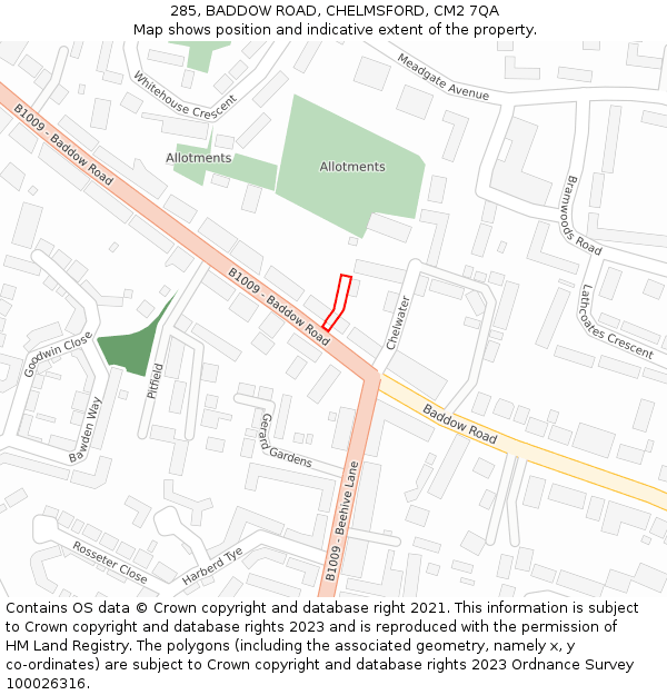 285, BADDOW ROAD, CHELMSFORD, CM2 7QA: Location map and indicative extent of plot