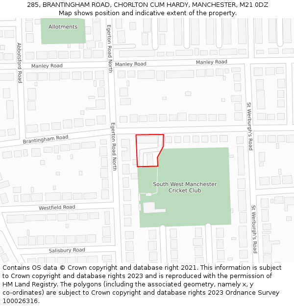 285, BRANTINGHAM ROAD, CHORLTON CUM HARDY, MANCHESTER, M21 0DZ: Location map and indicative extent of plot