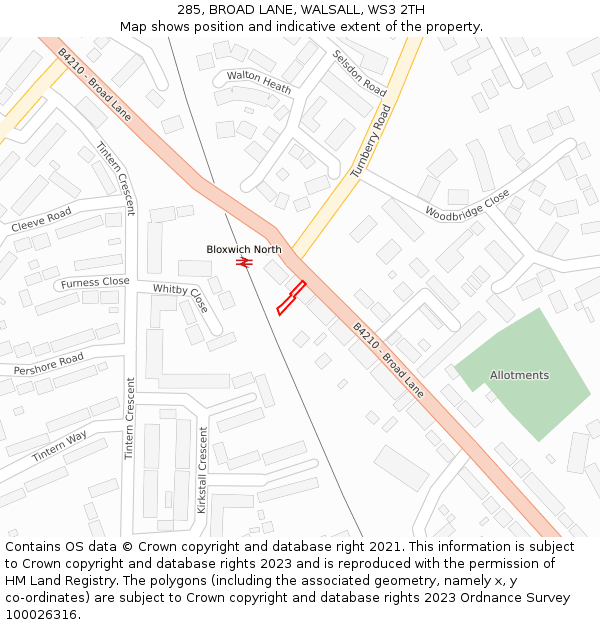 285, BROAD LANE, WALSALL, WS3 2TH: Location map and indicative extent of plot