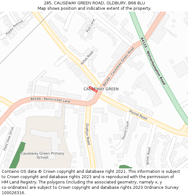 285, CAUSEWAY GREEN ROAD, OLDBURY, B68 8LU: Location map and indicative extent of plot
