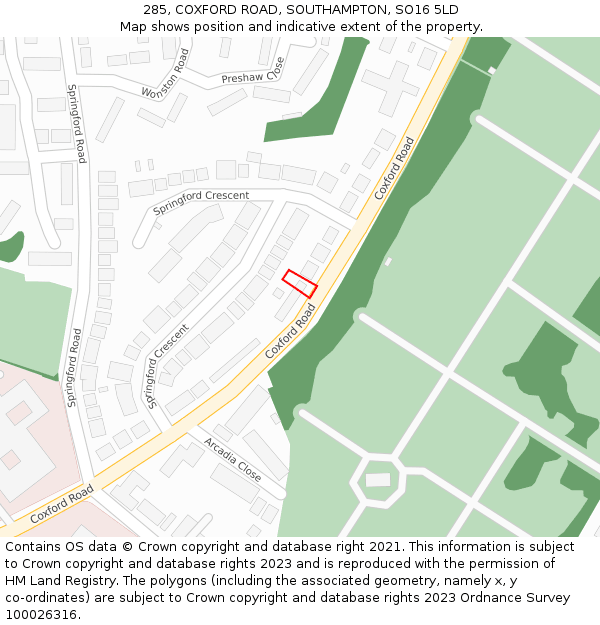 285, COXFORD ROAD, SOUTHAMPTON, SO16 5LD: Location map and indicative extent of plot