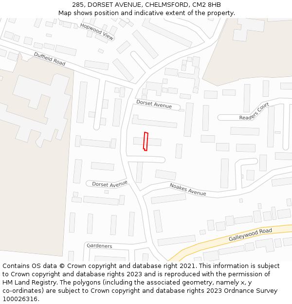 285, DORSET AVENUE, CHELMSFORD, CM2 8HB: Location map and indicative extent of plot