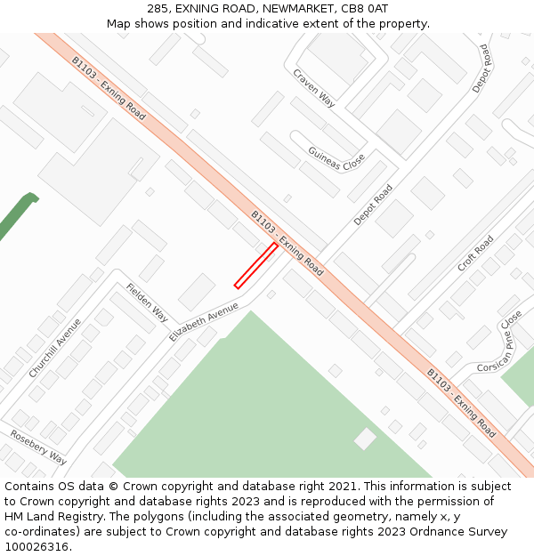 285, EXNING ROAD, NEWMARKET, CB8 0AT: Location map and indicative extent of plot