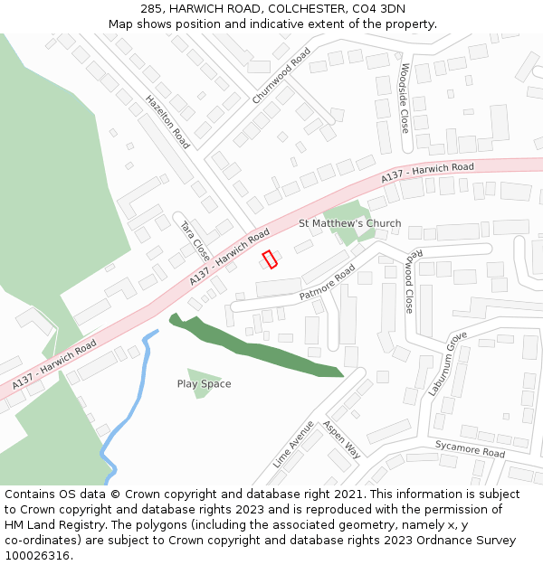285, HARWICH ROAD, COLCHESTER, CO4 3DN: Location map and indicative extent of plot