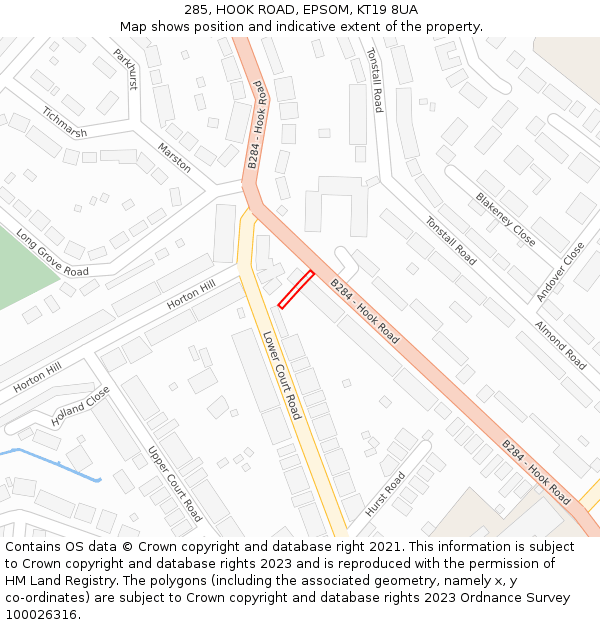 285, HOOK ROAD, EPSOM, KT19 8UA: Location map and indicative extent of plot