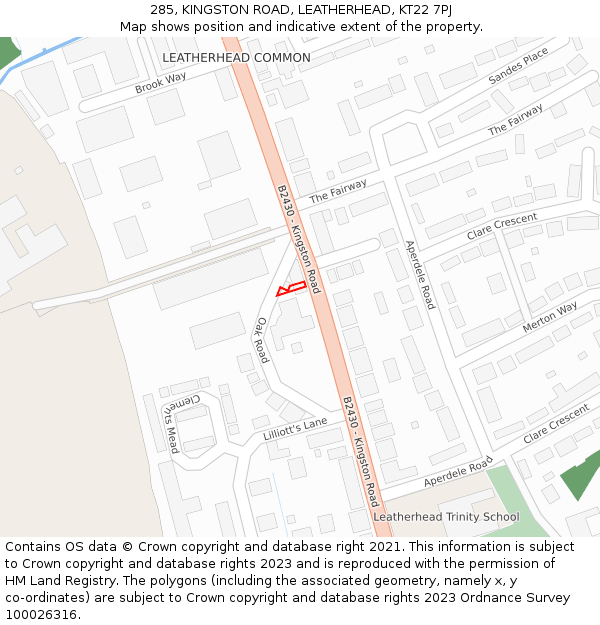 285, KINGSTON ROAD, LEATHERHEAD, KT22 7PJ: Location map and indicative extent of plot