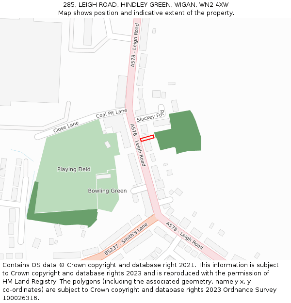 285, LEIGH ROAD, HINDLEY GREEN, WIGAN, WN2 4XW: Location map and indicative extent of plot