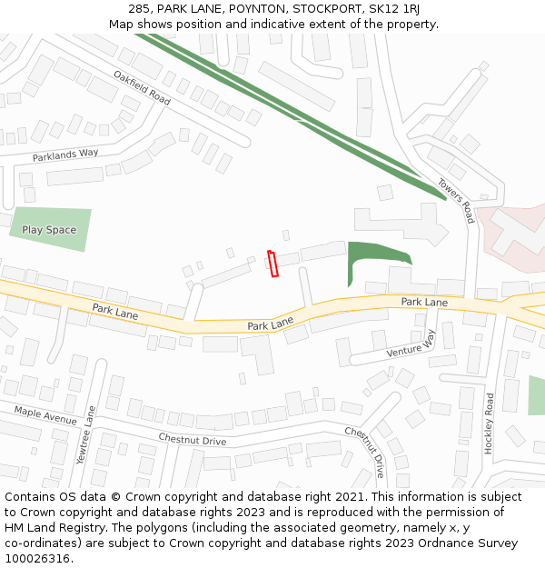 285, PARK LANE, POYNTON, STOCKPORT, SK12 1RJ: Location map and indicative extent of plot