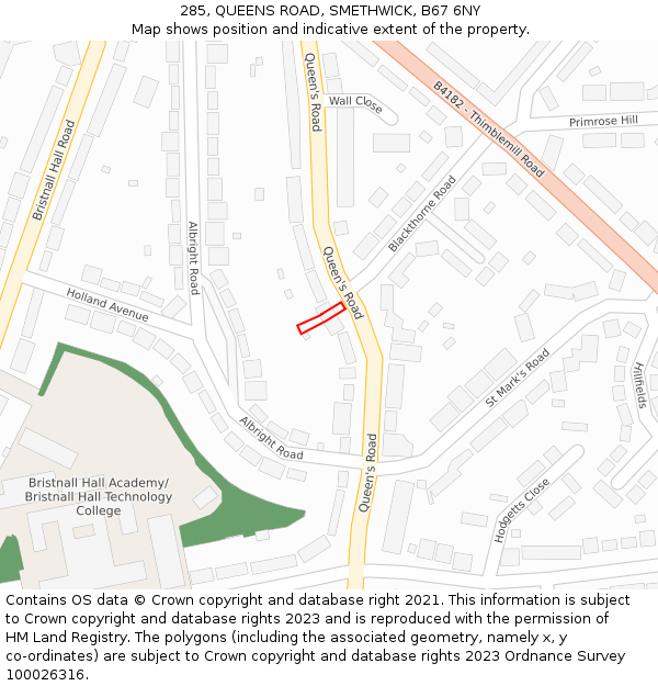 285, QUEENS ROAD, SMETHWICK, B67 6NY: Location map and indicative extent of plot