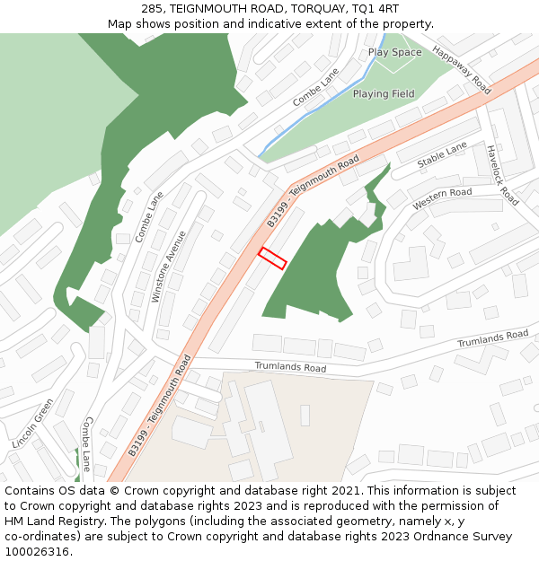 285, TEIGNMOUTH ROAD, TORQUAY, TQ1 4RT: Location map and indicative extent of plot