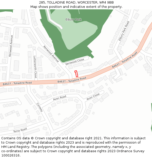 285, TOLLADINE ROAD, WORCESTER, WR4 9BB: Location map and indicative extent of plot