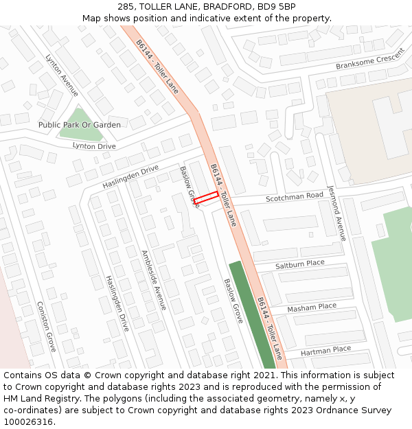 285, TOLLER LANE, BRADFORD, BD9 5BP: Location map and indicative extent of plot