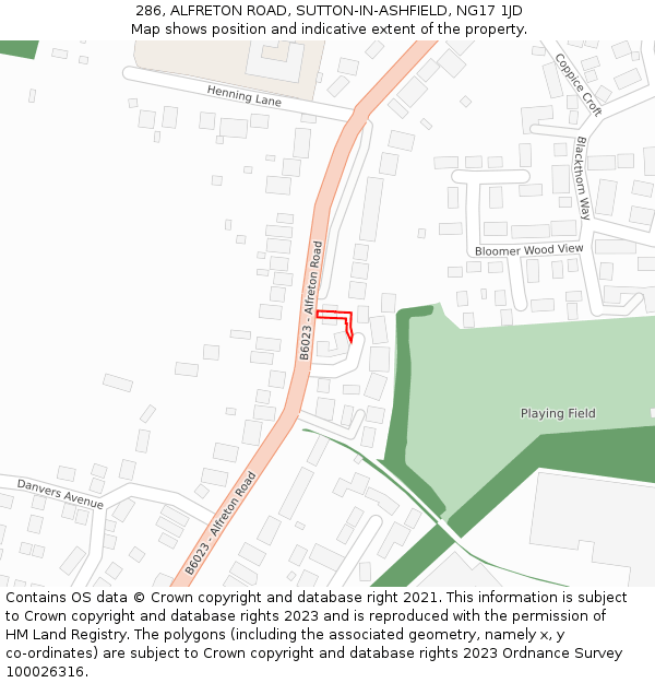 286, ALFRETON ROAD, SUTTON-IN-ASHFIELD, NG17 1JD: Location map and indicative extent of plot