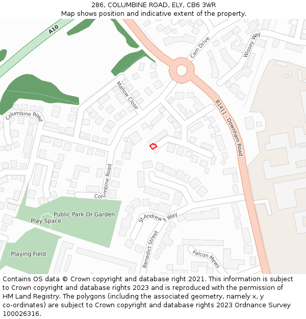 286, COLUMBINE ROAD, ELY, CB6 3WR: Location map and indicative extent of plot