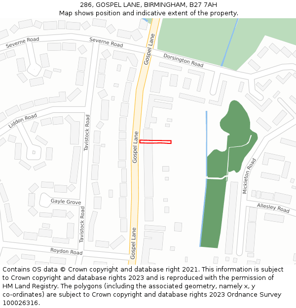286, GOSPEL LANE, BIRMINGHAM, B27 7AH: Location map and indicative extent of plot