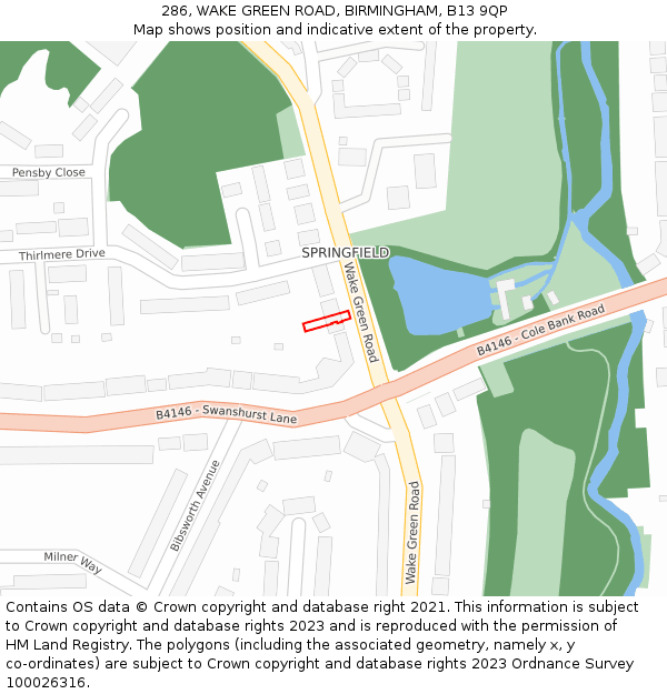 286, WAKE GREEN ROAD, BIRMINGHAM, B13 9QP: Location map and indicative extent of plot