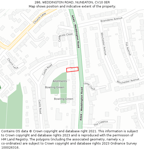 286, WEDDINGTON ROAD, NUNEATON, CV10 0ER: Location map and indicative extent of plot