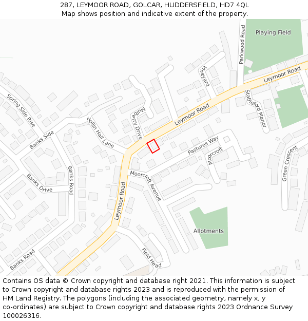 287, LEYMOOR ROAD, GOLCAR, HUDDERSFIELD, HD7 4QL: Location map and indicative extent of plot