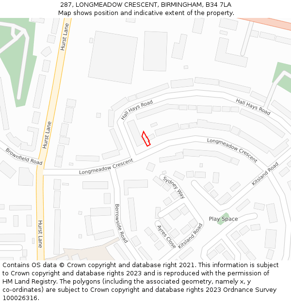 287, LONGMEADOW CRESCENT, BIRMINGHAM, B34 7LA: Location map and indicative extent of plot