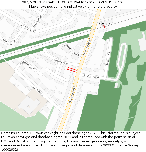 287, MOLESEY ROAD, HERSHAM, WALTON-ON-THAMES, KT12 4QU: Location map and indicative extent of plot