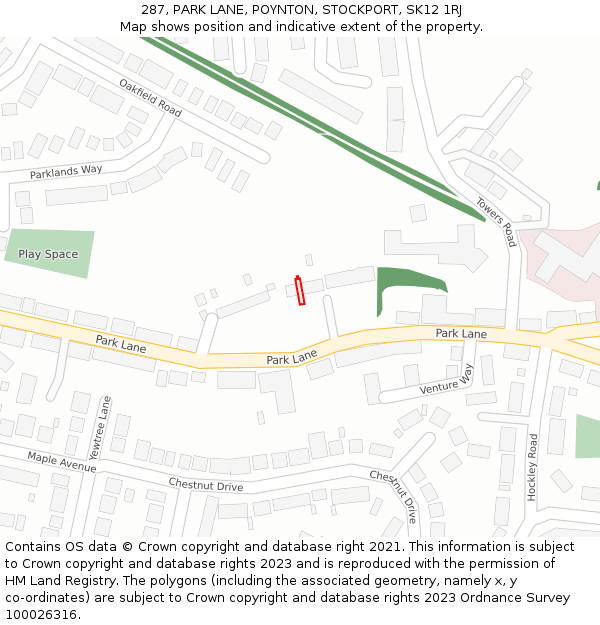 287, PARK LANE, POYNTON, STOCKPORT, SK12 1RJ: Location map and indicative extent of plot