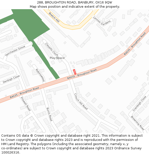 288, BROUGHTON ROAD, BANBURY, OX16 9QW: Location map and indicative extent of plot