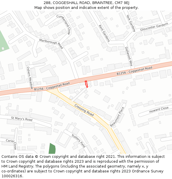 288, COGGESHALL ROAD, BRAINTREE, CM7 9EJ: Location map and indicative extent of plot