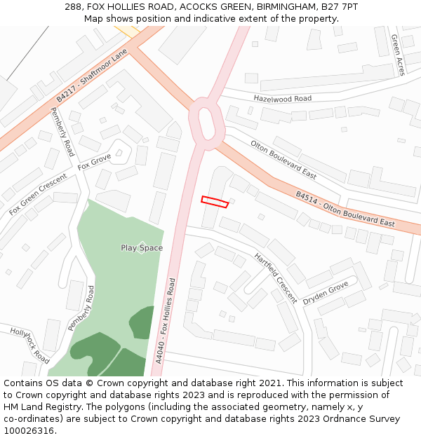 288, FOX HOLLIES ROAD, ACOCKS GREEN, BIRMINGHAM, B27 7PT: Location map and indicative extent of plot