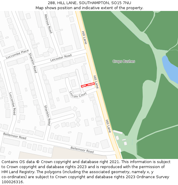 288, HILL LANE, SOUTHAMPTON, SO15 7NU: Location map and indicative extent of plot