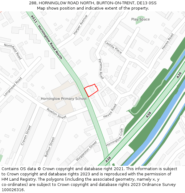 288, HORNINGLOW ROAD NORTH, BURTON-ON-TRENT, DE13 0SS: Location map and indicative extent of plot