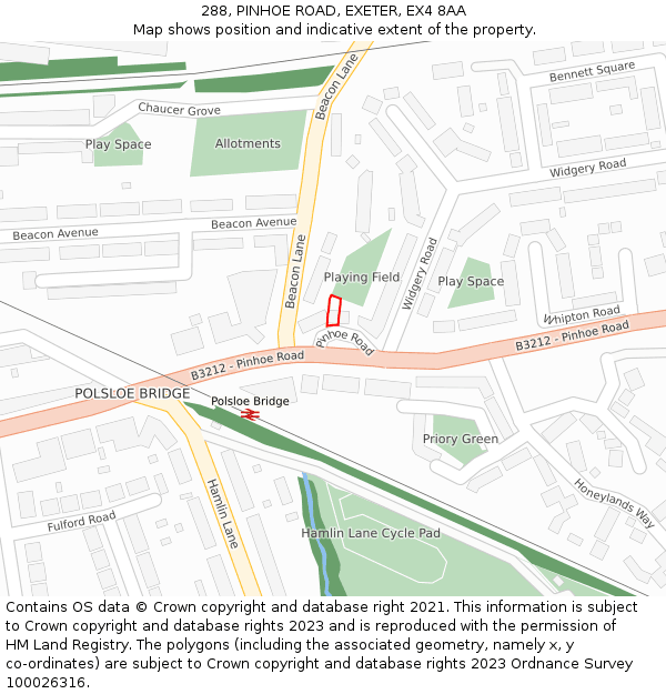 288, PINHOE ROAD, EXETER, EX4 8AA: Location map and indicative extent of plot