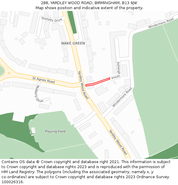 288, YARDLEY WOOD ROAD, BIRMINGHAM, B13 9JW: Location map and indicative extent of plot