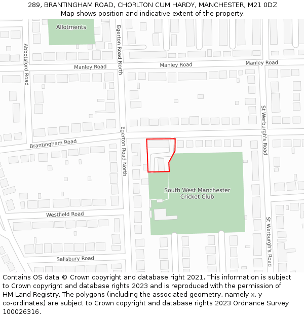289, BRANTINGHAM ROAD, CHORLTON CUM HARDY, MANCHESTER, M21 0DZ: Location map and indicative extent of plot
