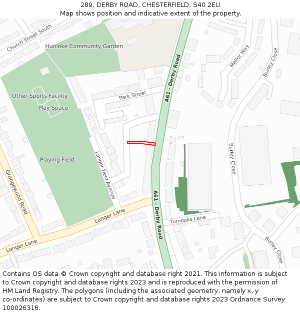 289, DERBY ROAD, CHESTERFIELD, S40 2EU: Location map and indicative extent of plot