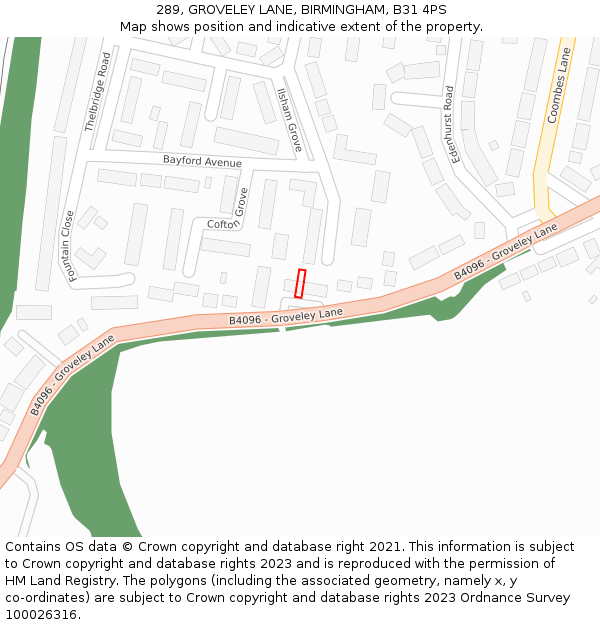 289, GROVELEY LANE, BIRMINGHAM, B31 4PS: Location map and indicative extent of plot