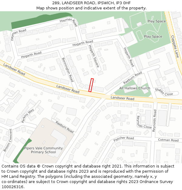 289, LANDSEER ROAD, IPSWICH, IP3 0HF: Location map and indicative extent of plot