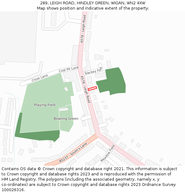 289, LEIGH ROAD, HINDLEY GREEN, WIGAN, WN2 4XW: Location map and indicative extent of plot