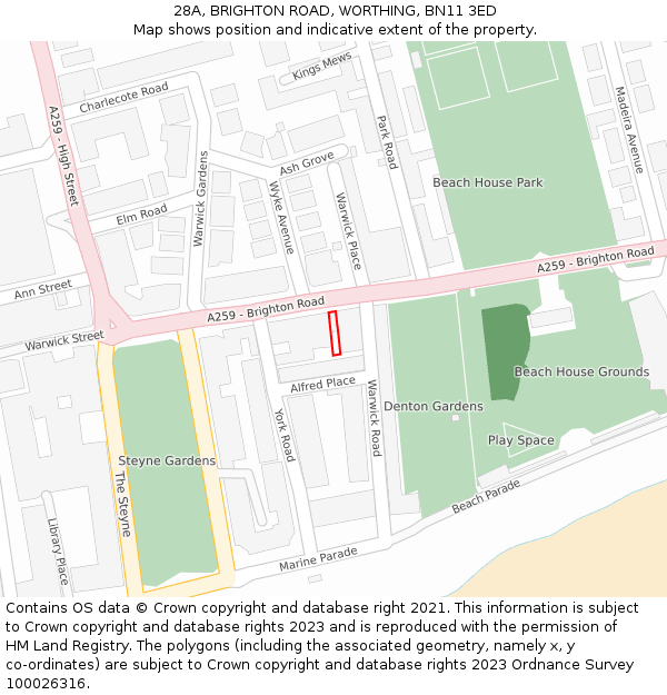 28A, BRIGHTON ROAD, WORTHING, BN11 3ED: Location map and indicative extent of plot
