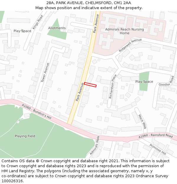28A, PARK AVENUE, CHELMSFORD, CM1 2AA: Location map and indicative extent of plot