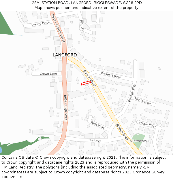 28A, STATION ROAD, LANGFORD, BIGGLESWADE, SG18 9PD: Location map and indicative extent of plot