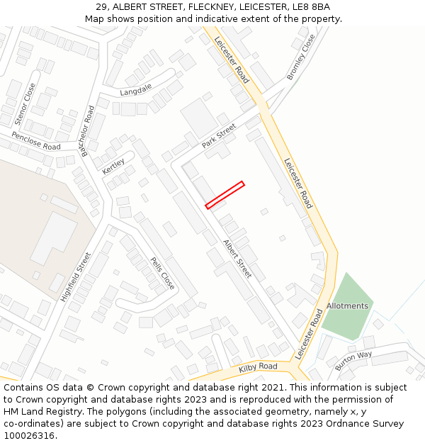 29, ALBERT STREET, FLECKNEY, LEICESTER, LE8 8BA: Location map and indicative extent of plot