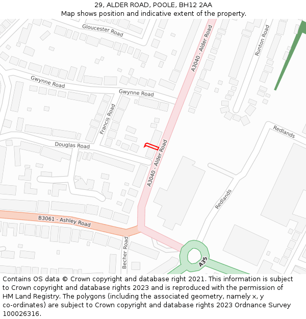 29, ALDER ROAD, POOLE, BH12 2AA: Location map and indicative extent of plot