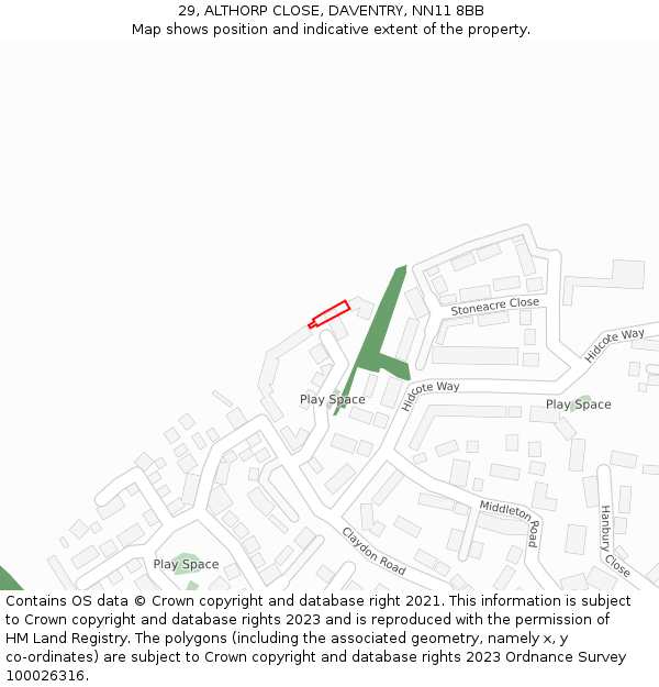29, ALTHORP CLOSE, DAVENTRY, NN11 8BB: Location map and indicative extent of plot