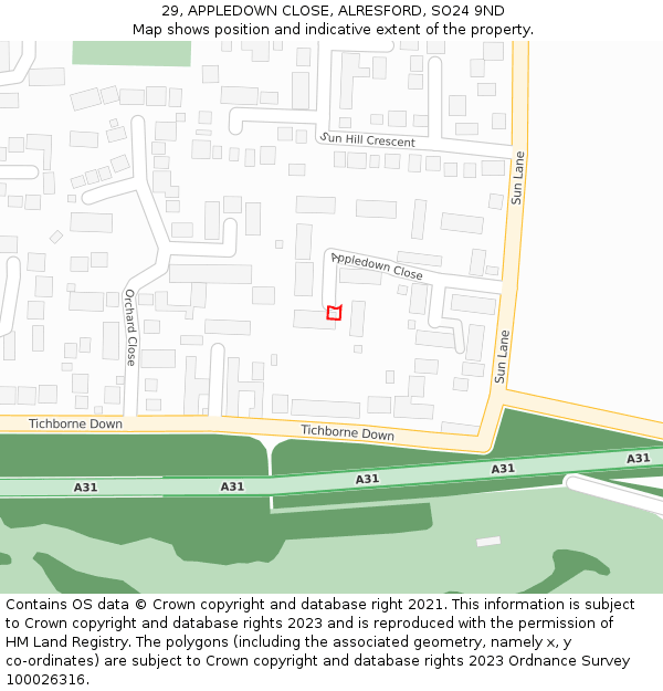 29, APPLEDOWN CLOSE, ALRESFORD, SO24 9ND: Location map and indicative extent of plot