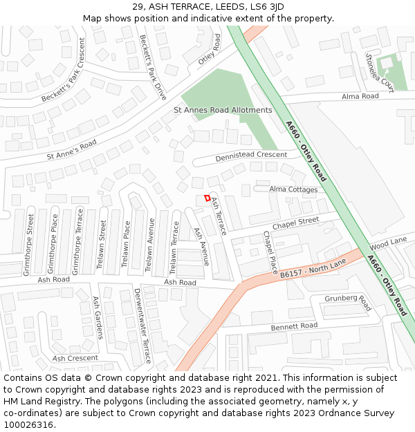 29, ASH TERRACE, LEEDS, LS6 3JD: Location map and indicative extent of plot