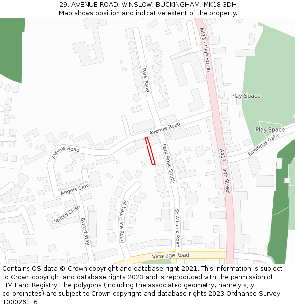 29, AVENUE ROAD, WINSLOW, BUCKINGHAM, MK18 3DH: Location map and indicative extent of plot