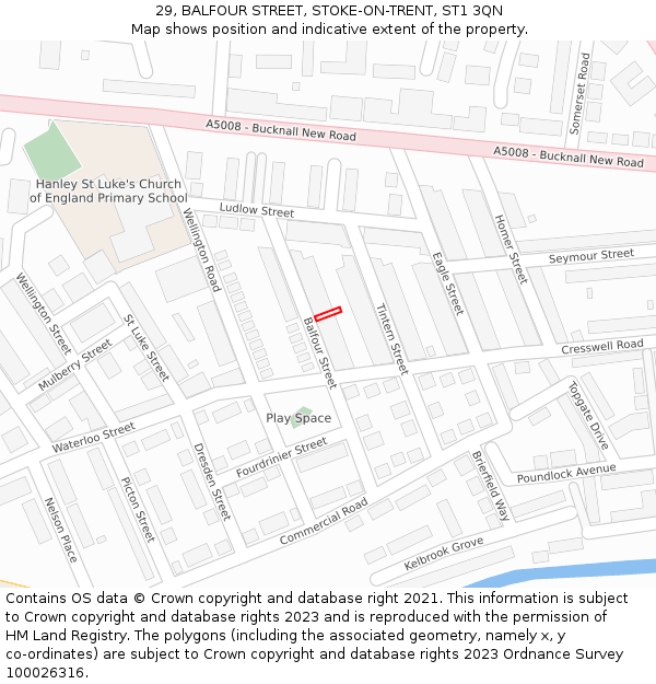 29, BALFOUR STREET, STOKE-ON-TRENT, ST1 3QN: Location map and indicative extent of plot