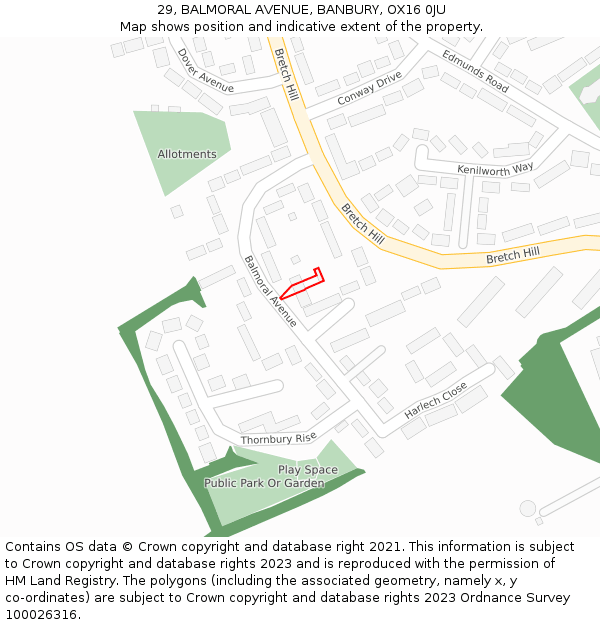 29, BALMORAL AVENUE, BANBURY, OX16 0JU: Location map and indicative extent of plot
