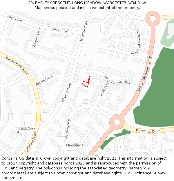 29, BARLEY CRESCENT, LONG MEADOW, WORCESTER, WR4 0HW: Location map and indicative extent of plot